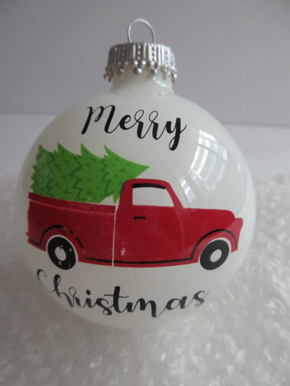 Krebs Christmas Ornament Set of 4 Glass Balls Porcelain White-Red Vintage Truck